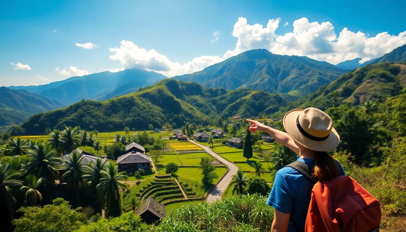 Beautiful Lombok guide leading tourists through scenic mountain landscapes, showcasing local travel experiences in Indonesia.