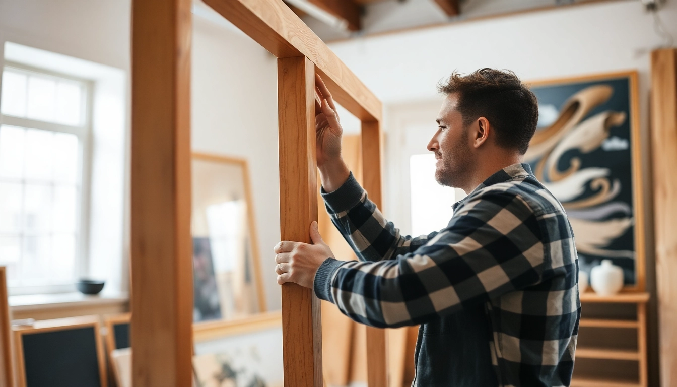 High-quality framing process showcasing expert craftsmanship on artwork with detailed wood and tools for visual appeal.