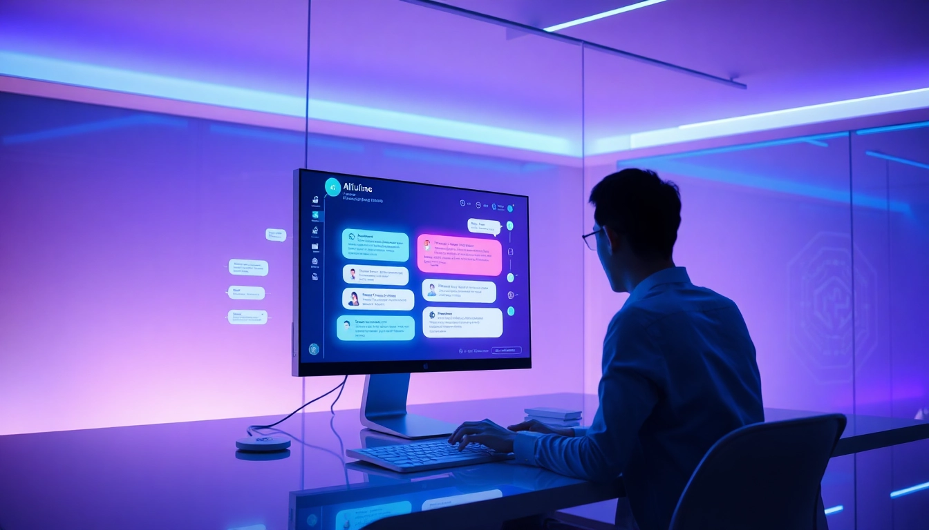 An advanced AI chatbot interface on a futuristic computer screen in a high-tech workspace.