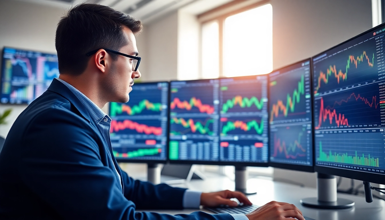 Online Trading UK infographic showing stock charts, trading platforms, and UK landmarks in a