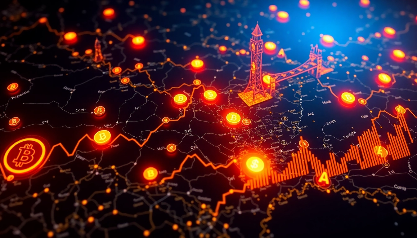 Cryptocurrency Trading News London shows financial data and trading charts on a digital map for